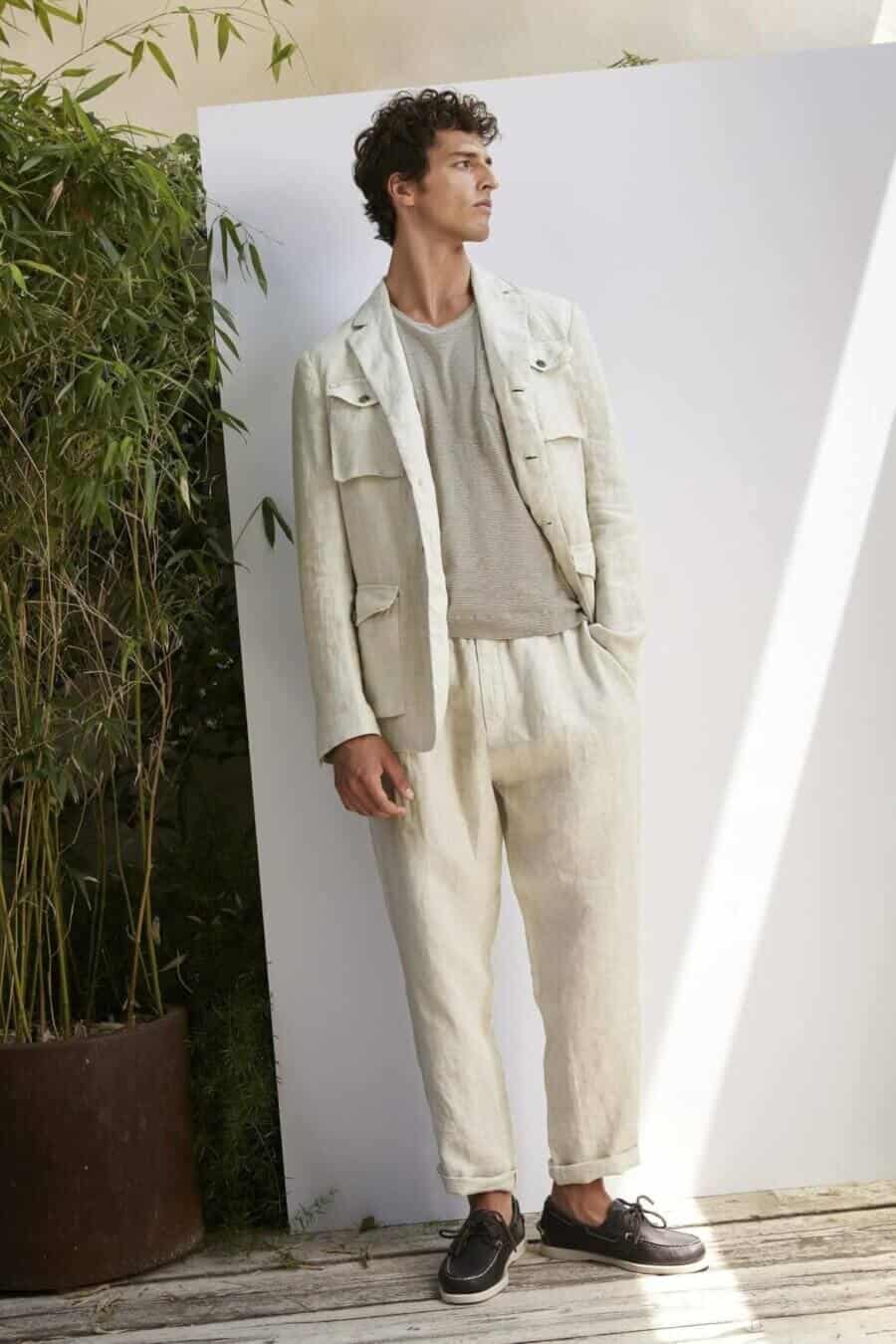 Men's all white outfit - linen blazer and trousers with grey t-shirt