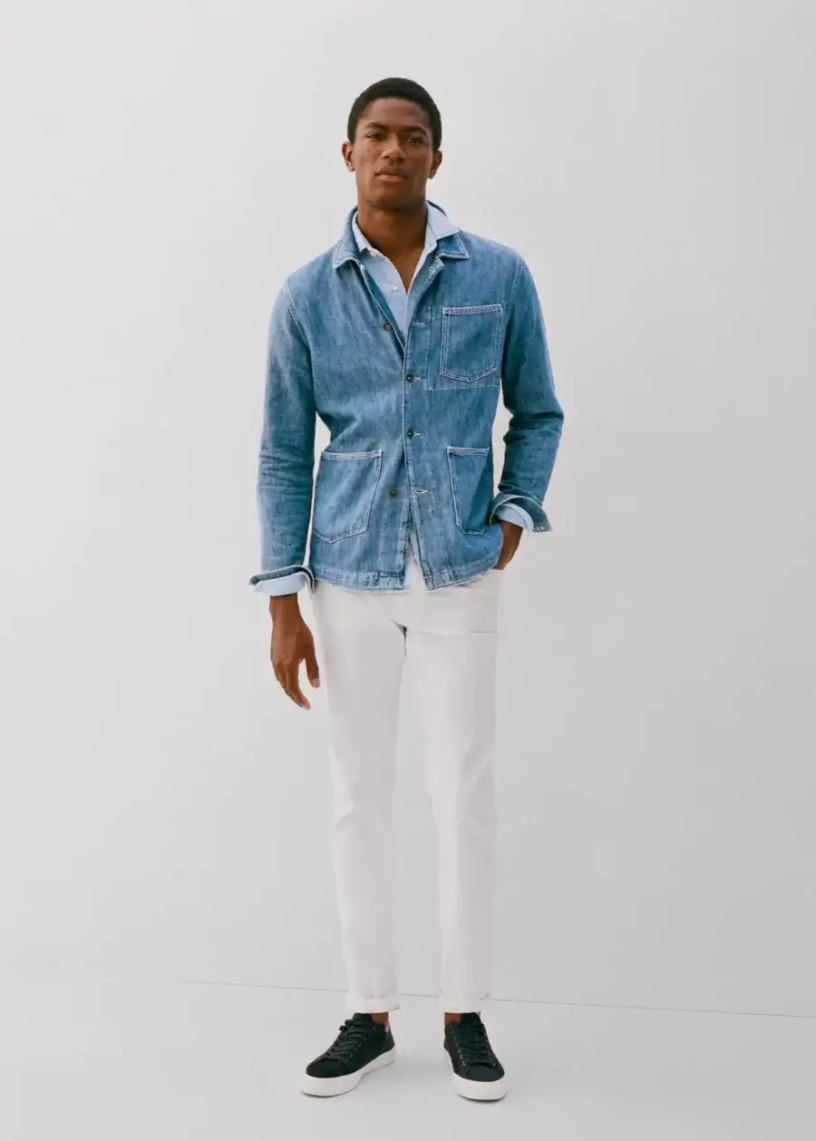 Men's denim chore jean jacket outfit with white chinos for summer