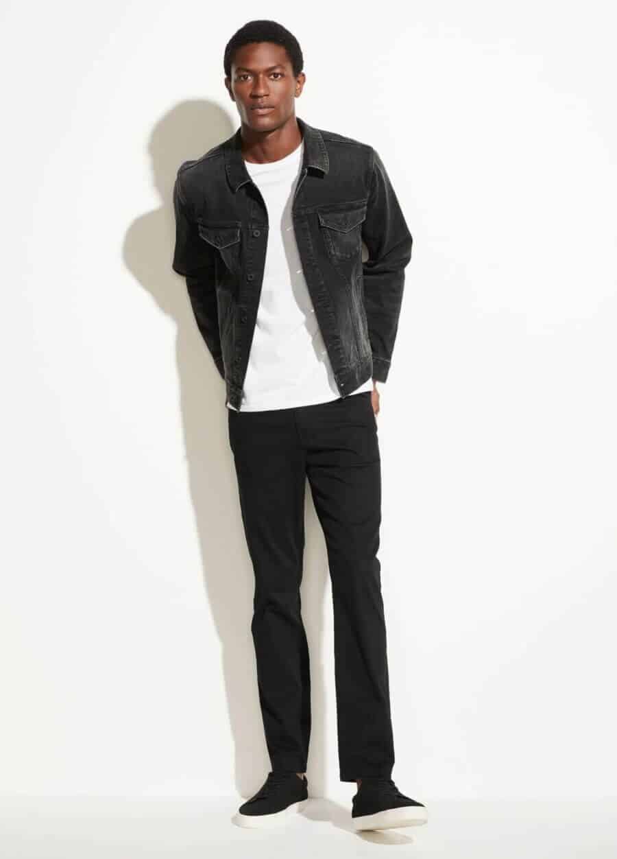 Men's black denim jean jacket outfit with black jeans and white T-shirt