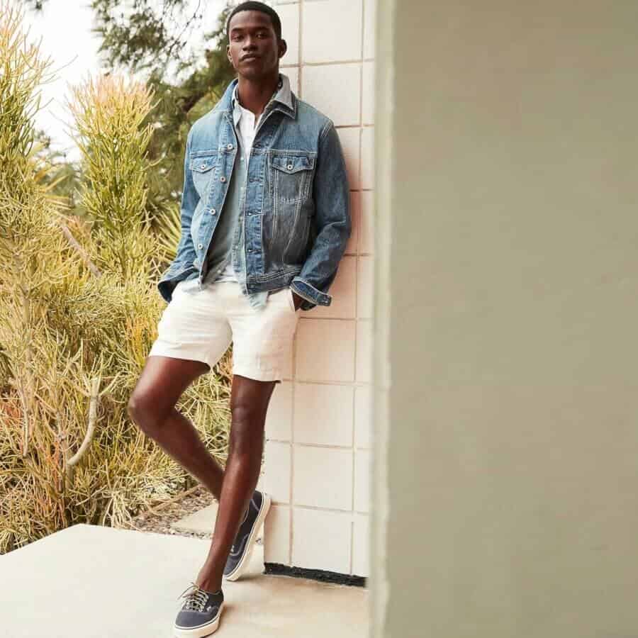 Summer denim jean jacket outfit with shorts for men