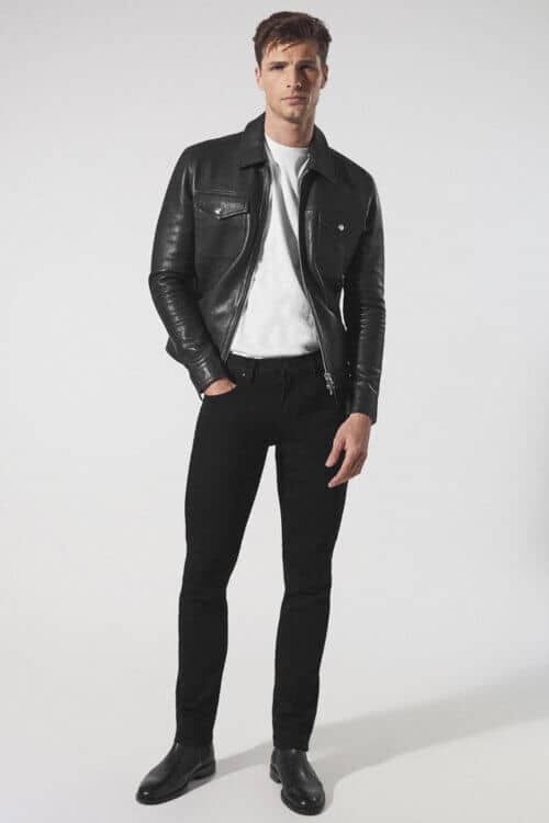 Men's black western leather jacket, white T-shirt, black jeans and Chelsea boots outfit