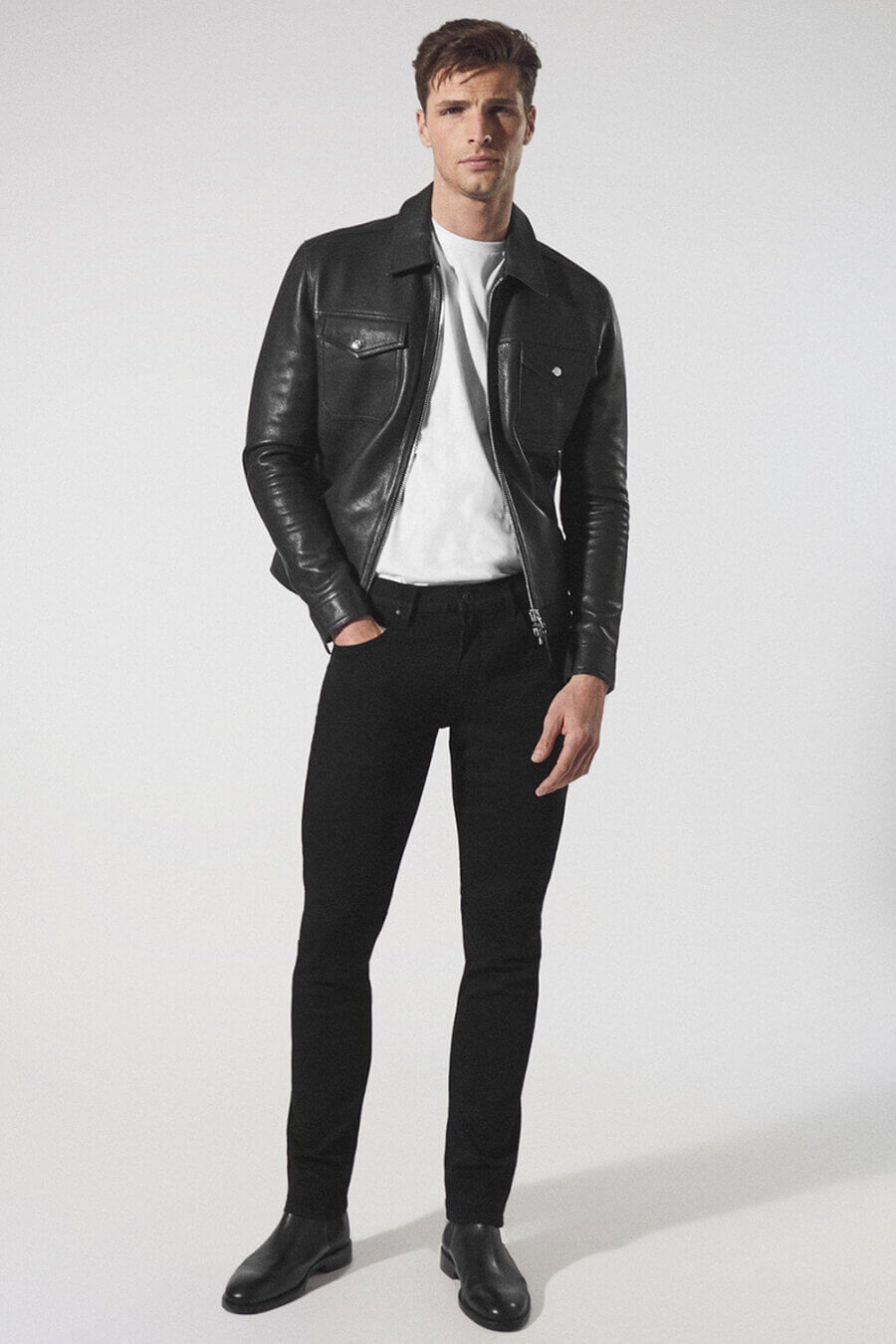 Men's black leather trucker jacket, white T-shirt, black jeans and Chelsea boots outfit