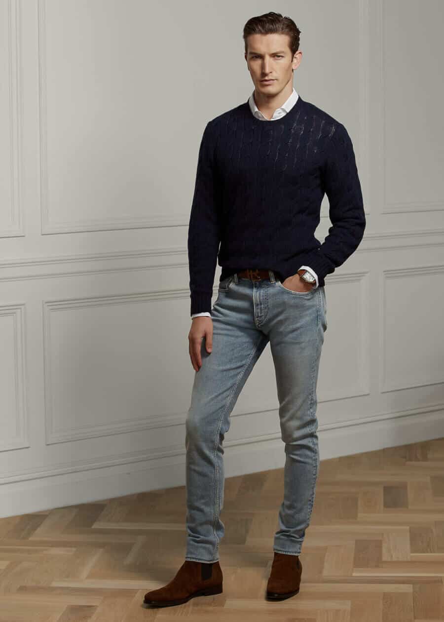 Men's jeans, shirt and jumper outfit finished with chelsea boots