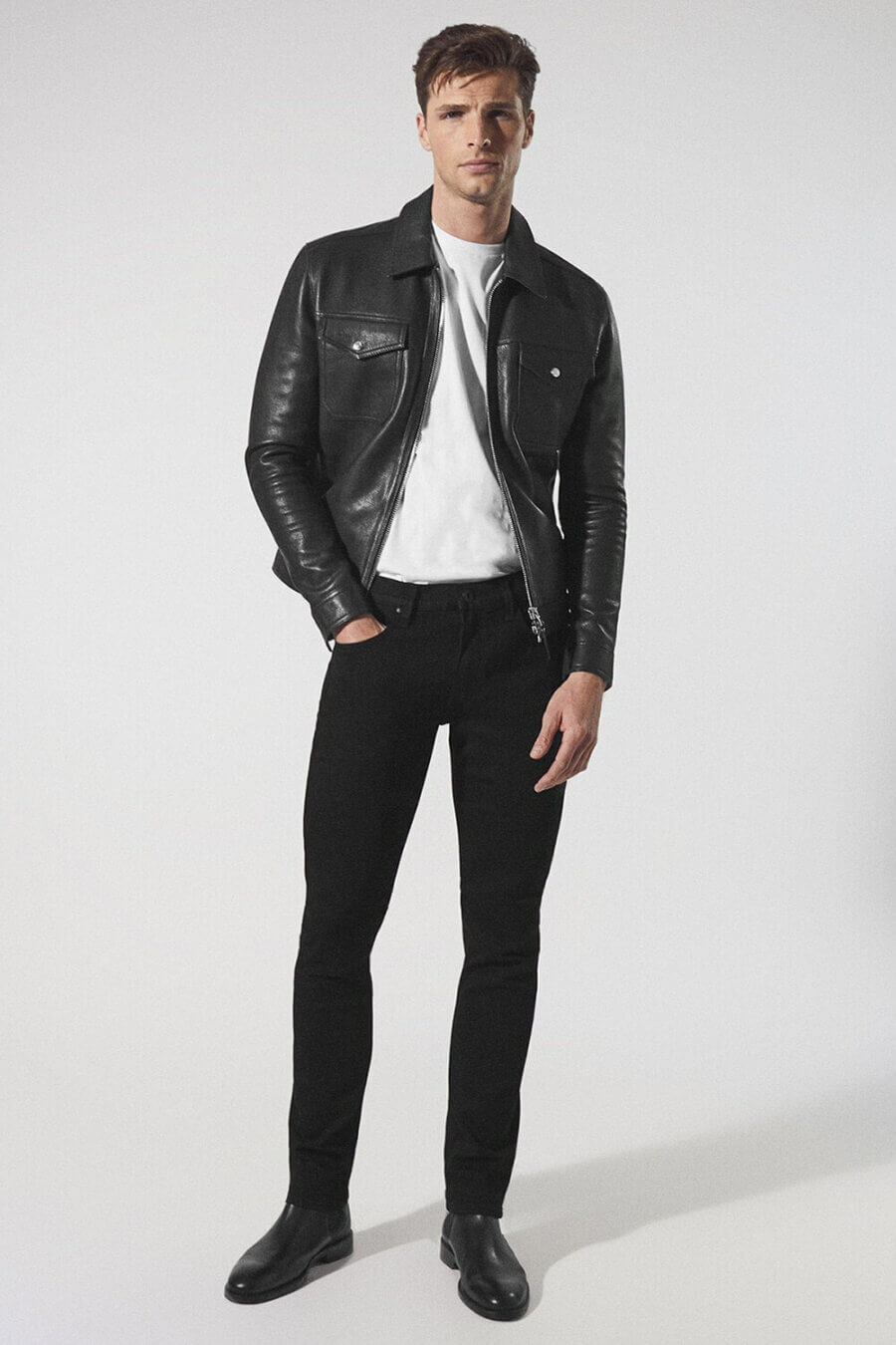 Men's black jeans and leather jacket outfit with chelsea boots