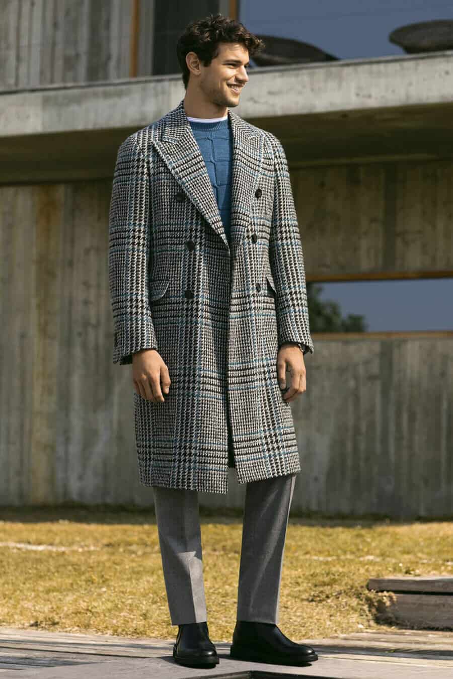Men's tailored overcoat with trousers and chelsea boots outfit