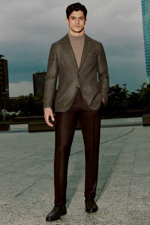 Men's trousers, blazer and roll neck outfit with chelsea boots