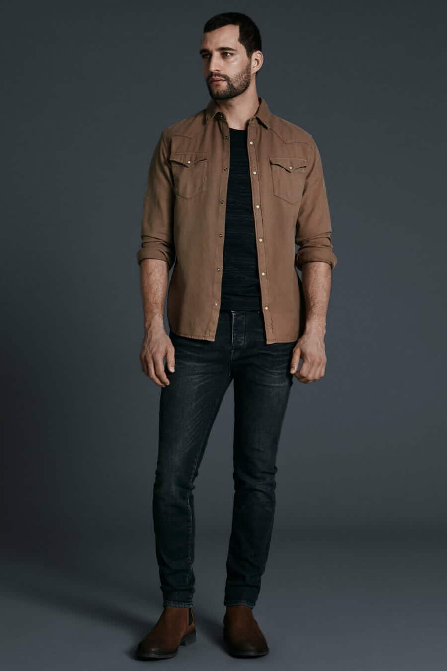Men's workwear outfit with black jeans, brown overshirt and chelsea boots