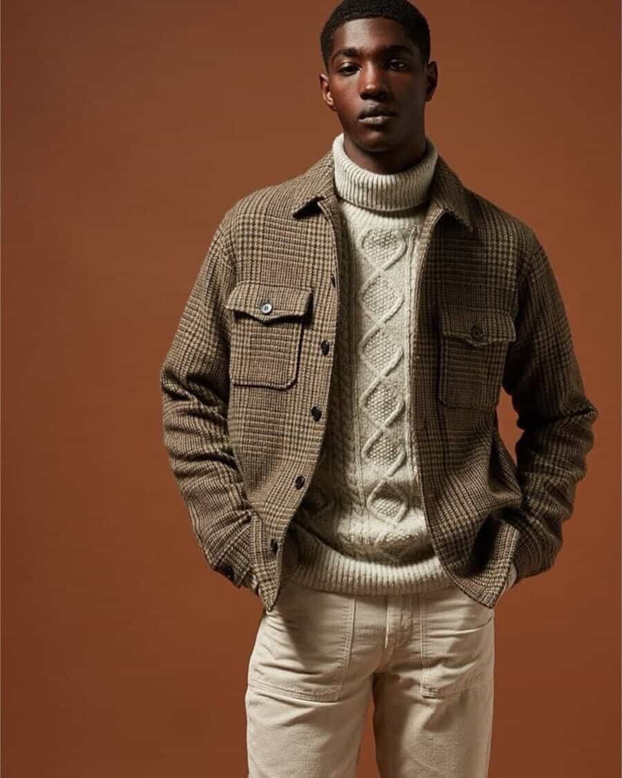 Thick and chunky turtleneck outfit for men