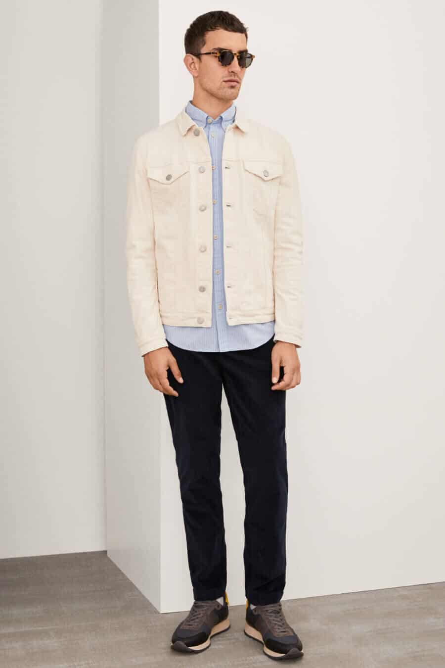 Smart casual spring jean jacket outfit for men layered over a shirt with chinos