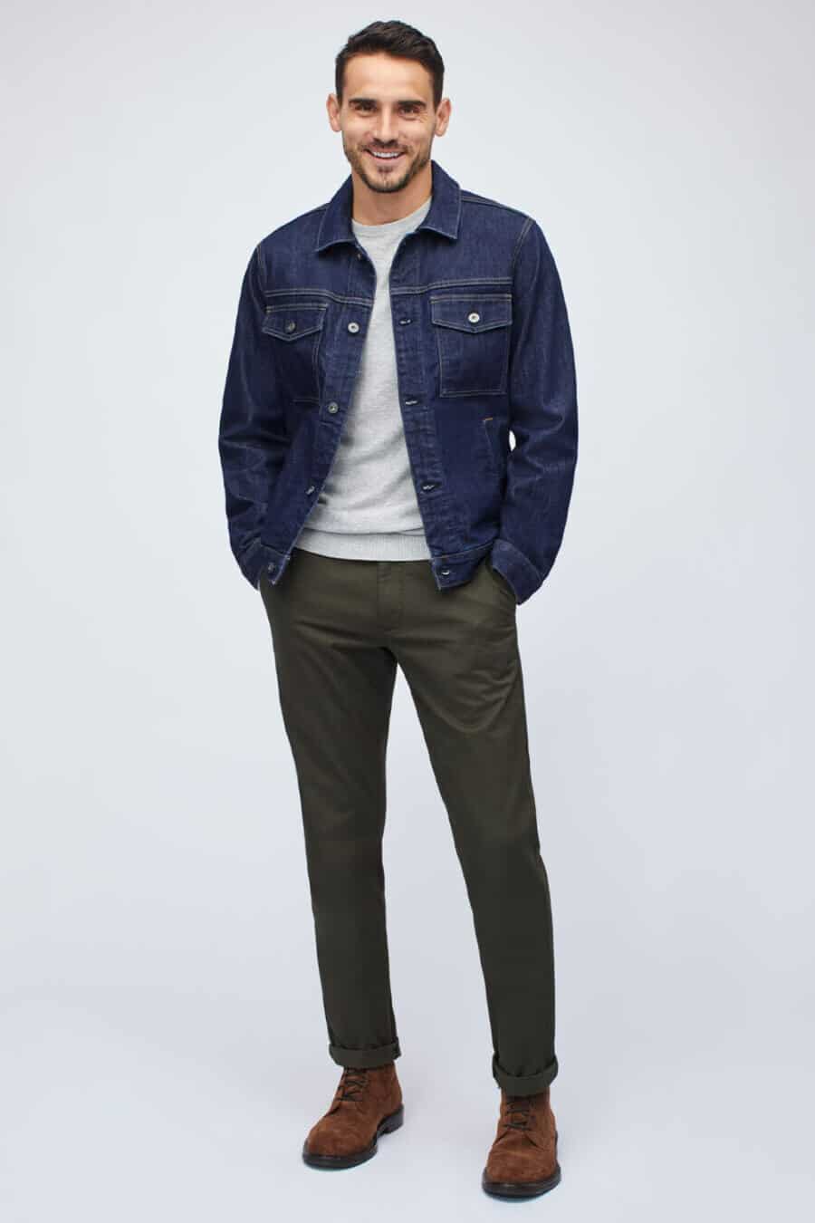 Smart casual jean jacket outfit for men with chinos and suede boots