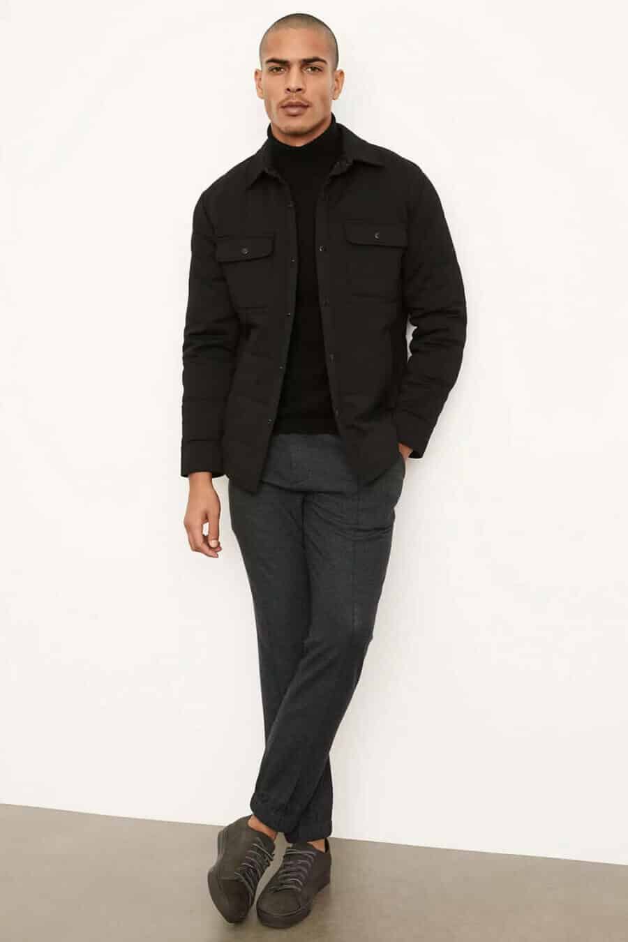 All black turtleneck outfit with overshirt and trousers