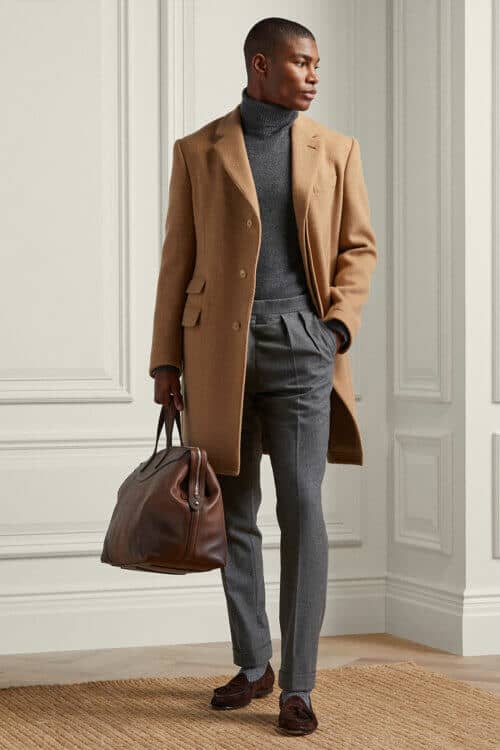 Smart turtleneck outfit for men with overcoat and grey wool trousers