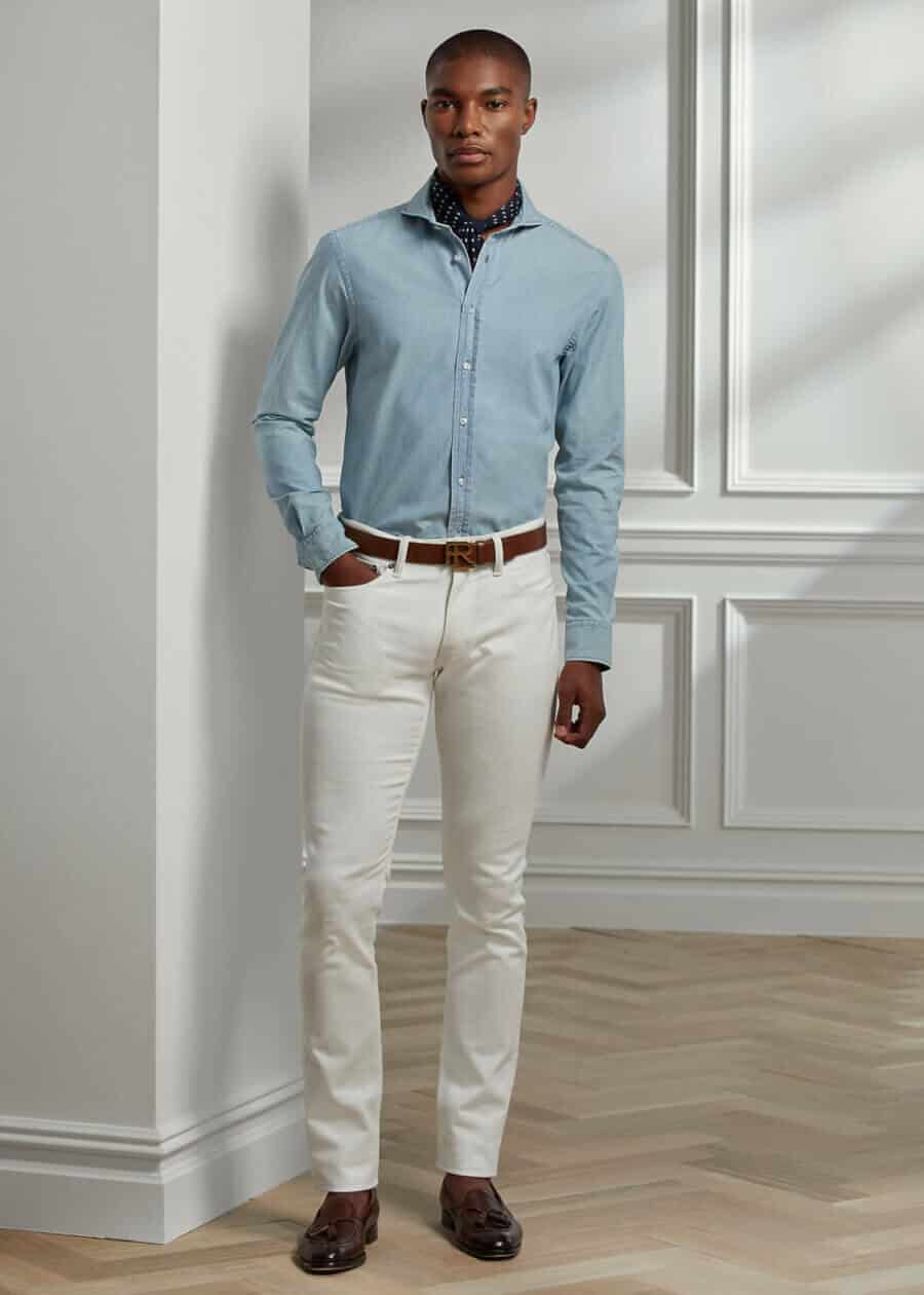 Smart Double denim outfit for men - off white jeans and blue denim cutaway shirt