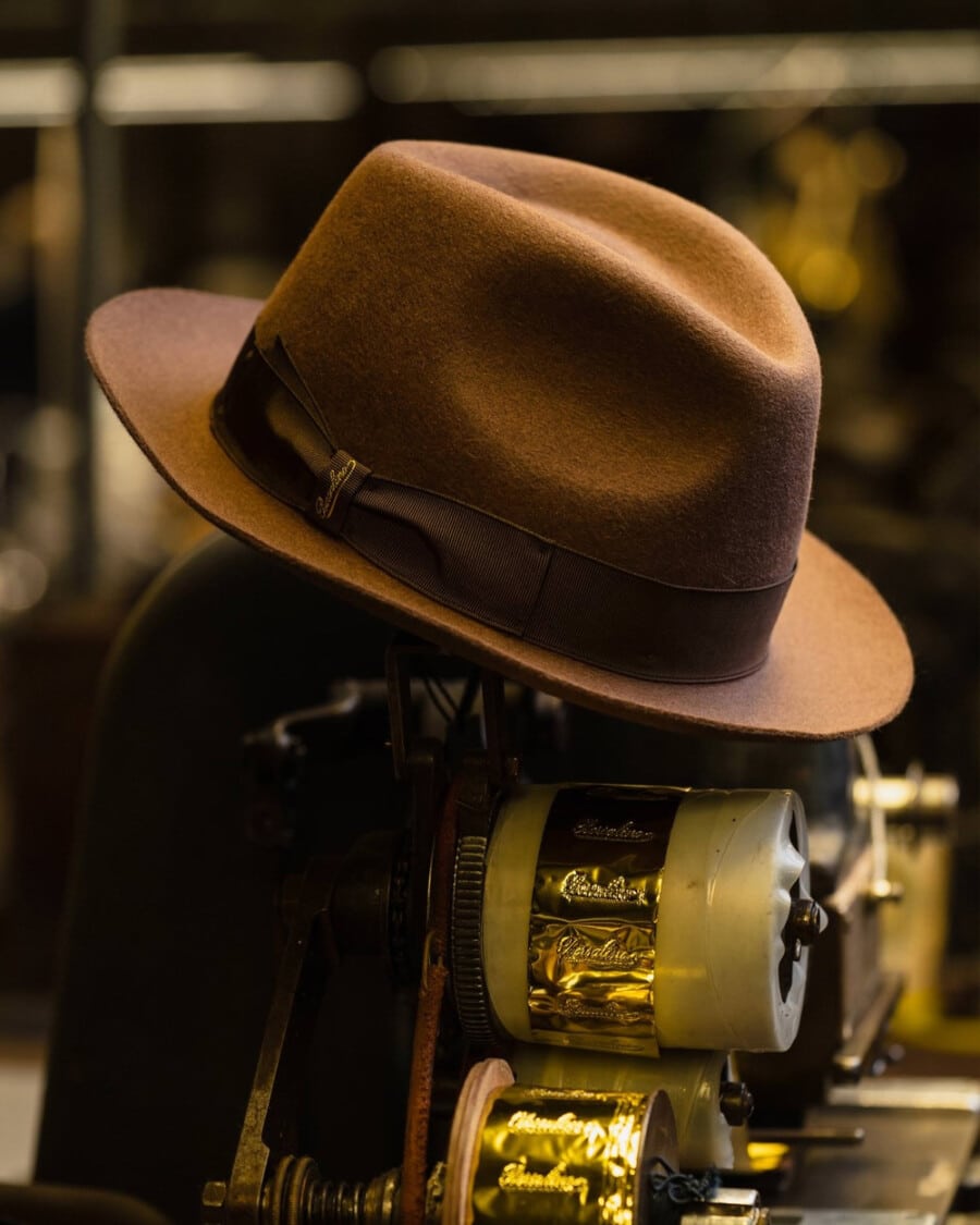 A brown felt Borsalino fedora hat for men