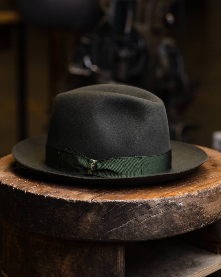 A green felt Borsalino fedora hat for men