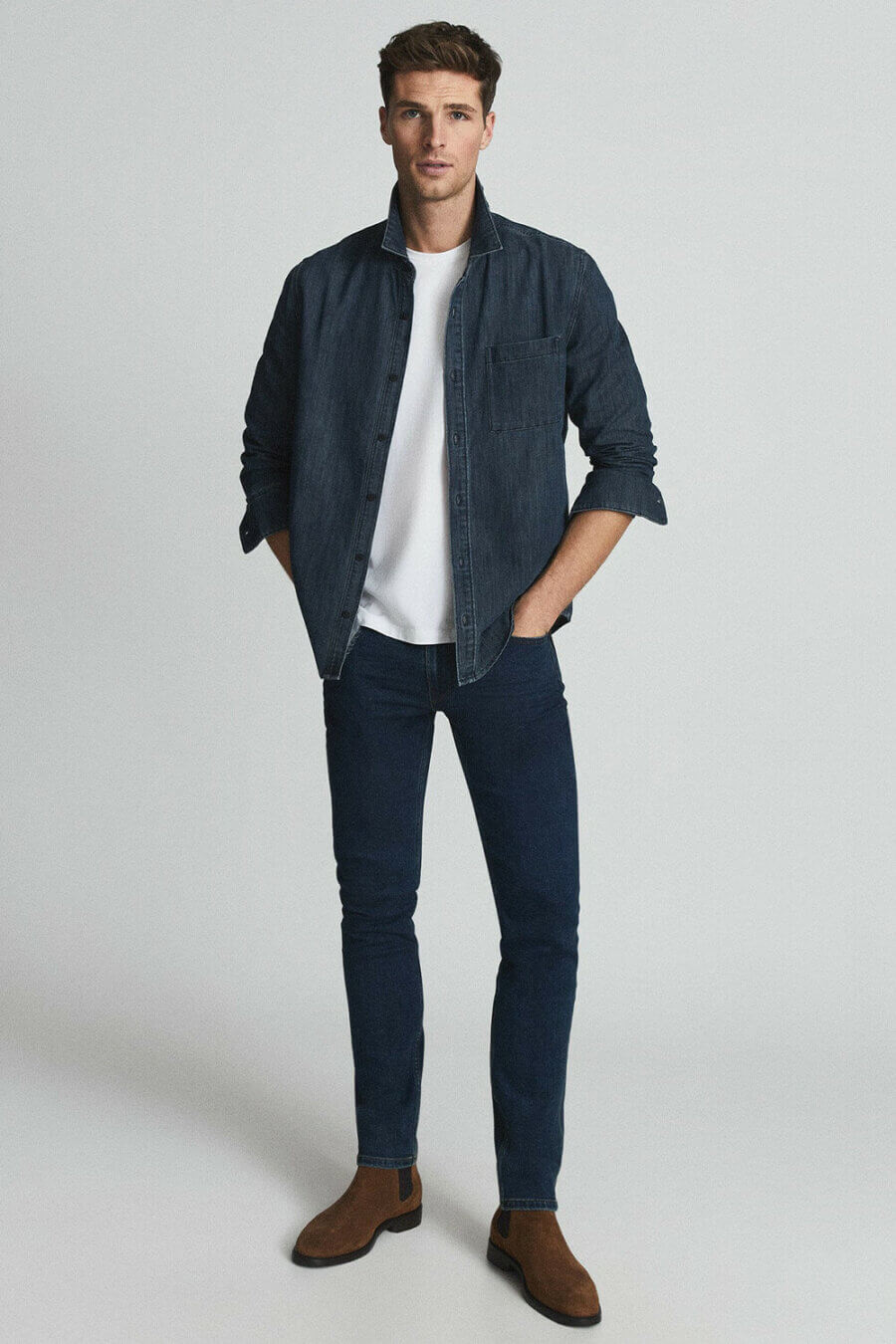 Men's Double Denim Outfit - blue jeans and shirt with white T-shirt