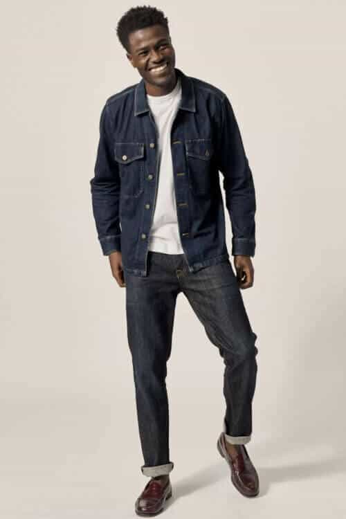 Double Denim outfit for men - dark jeans and open shirt over white tee