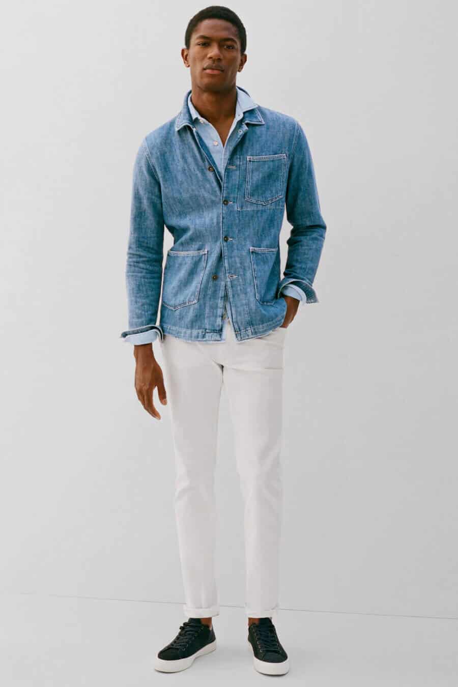 Men's double denim outfit - chore jacket and white jeans