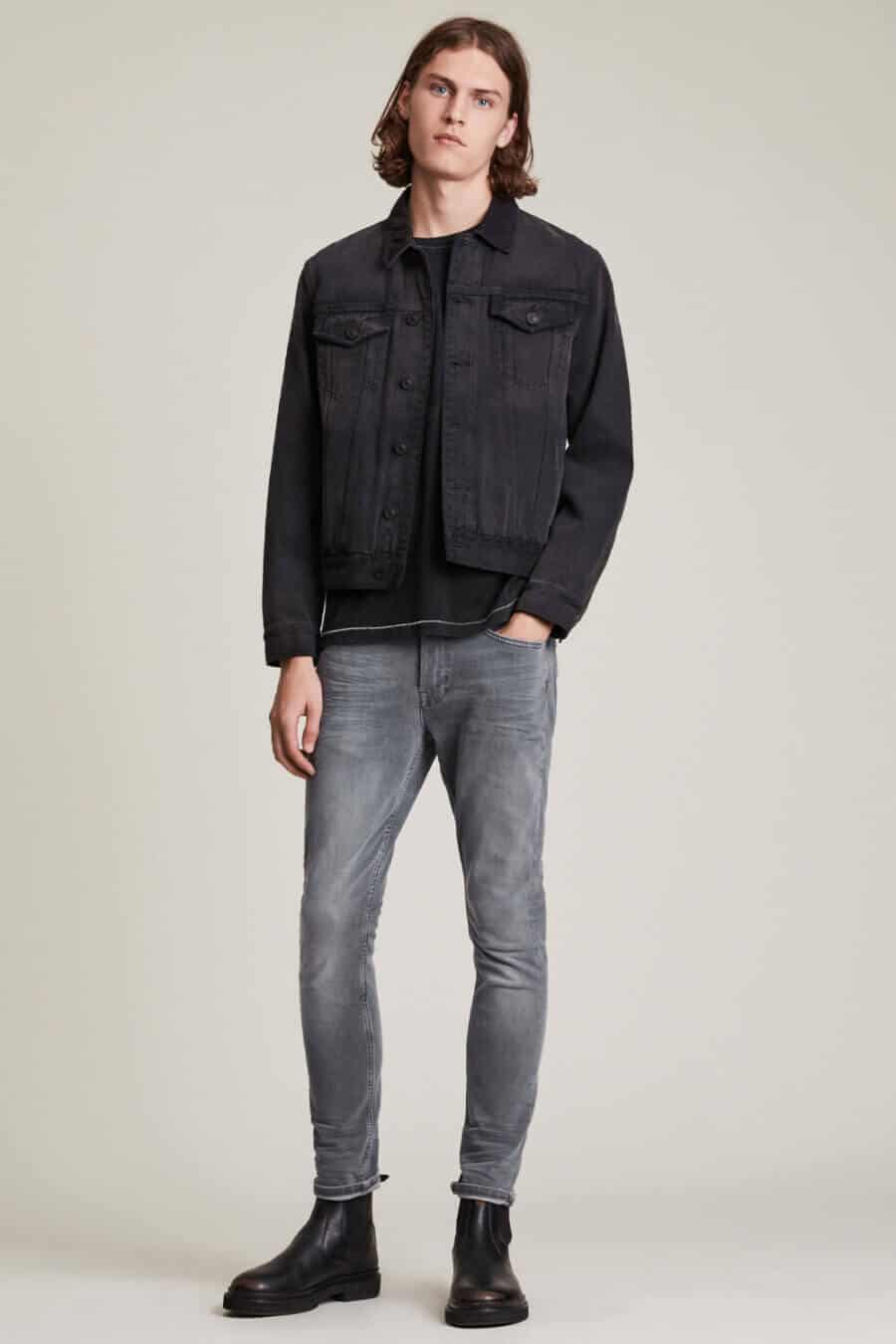 Monochrome double denim outfit for men - black jeans, grey jacket