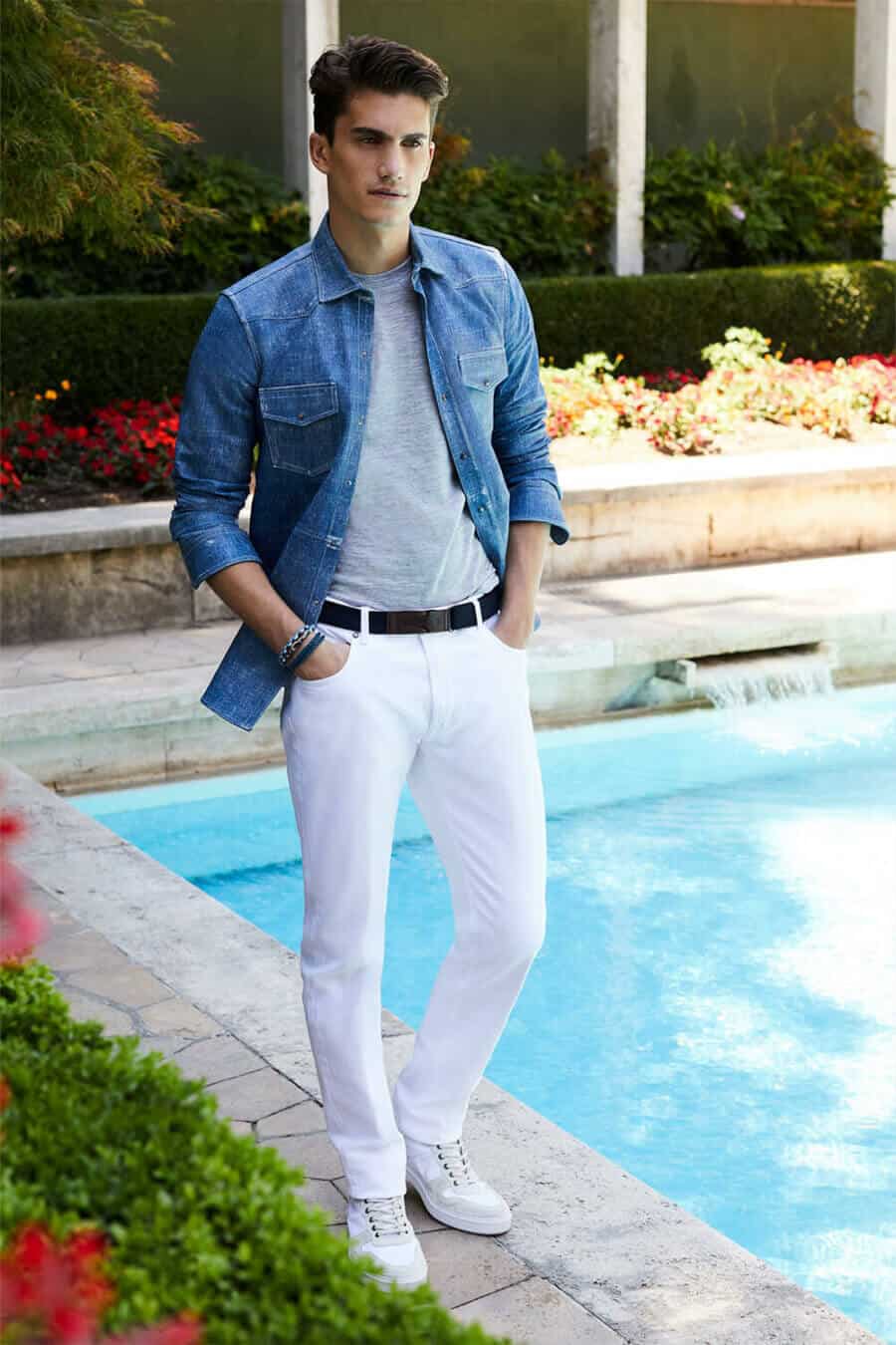 Spring double denim outfit for men - white jeans and mid blue shirt