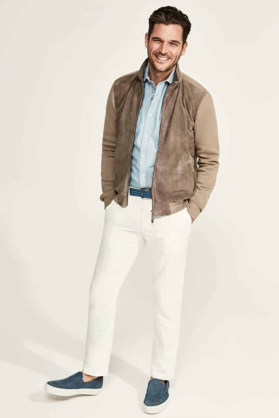 Spring/Summer double denim outfit for men - white jeans, light blue shirt