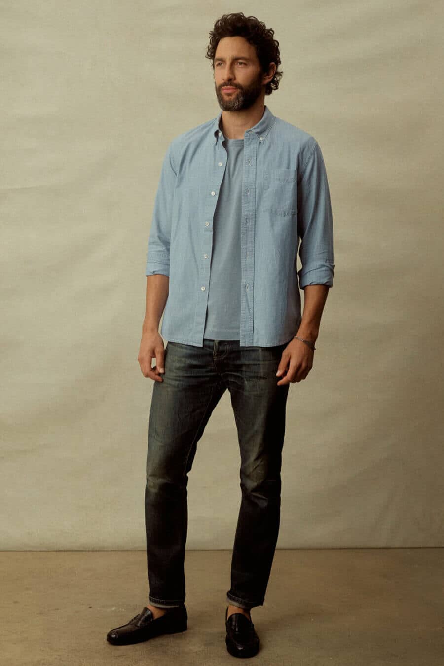 Men's tonal double denim outfit - light blue shirt and dark jeans