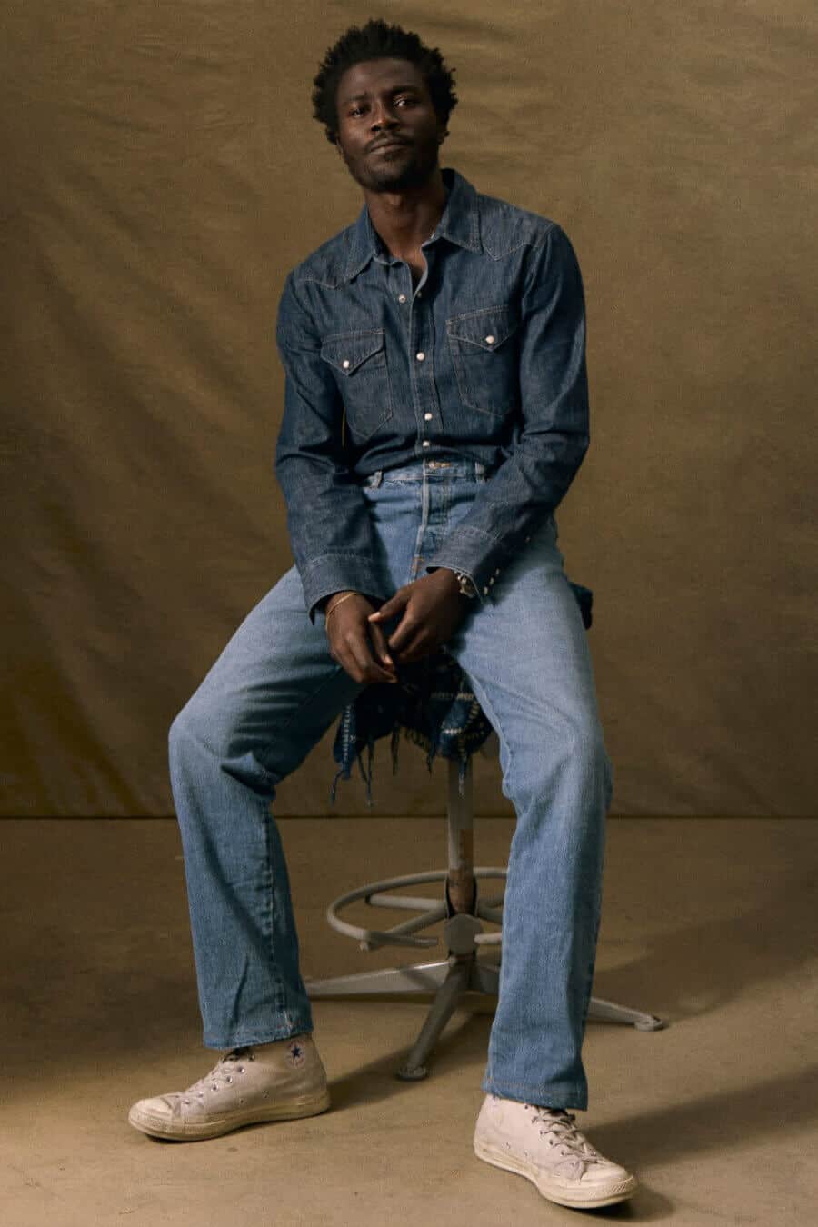 Men's double denim outfit - western shirt and mid wash jeans