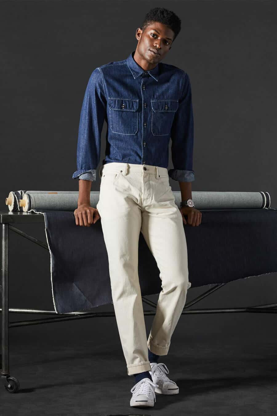 Men's double denim outfit - off white jeans and dark blue shirt