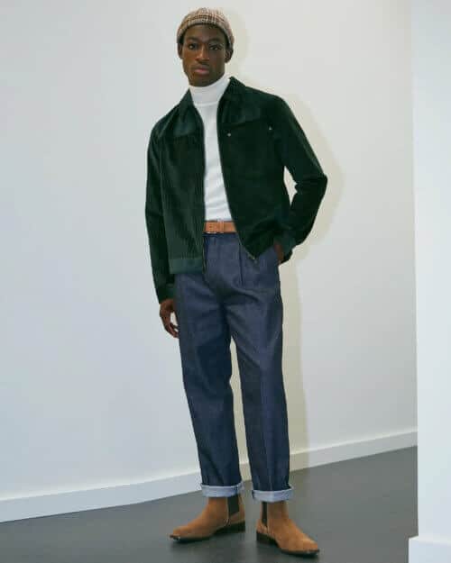 Men's denim trend: pleated/smart trouser-like jeans outfit