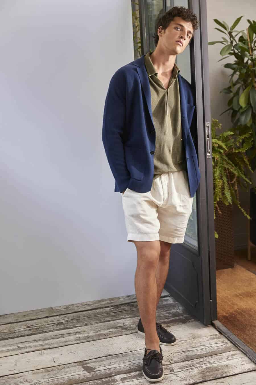 Men's tailored shorts worn with knitted polo shirt and unstructured blazer outfit
