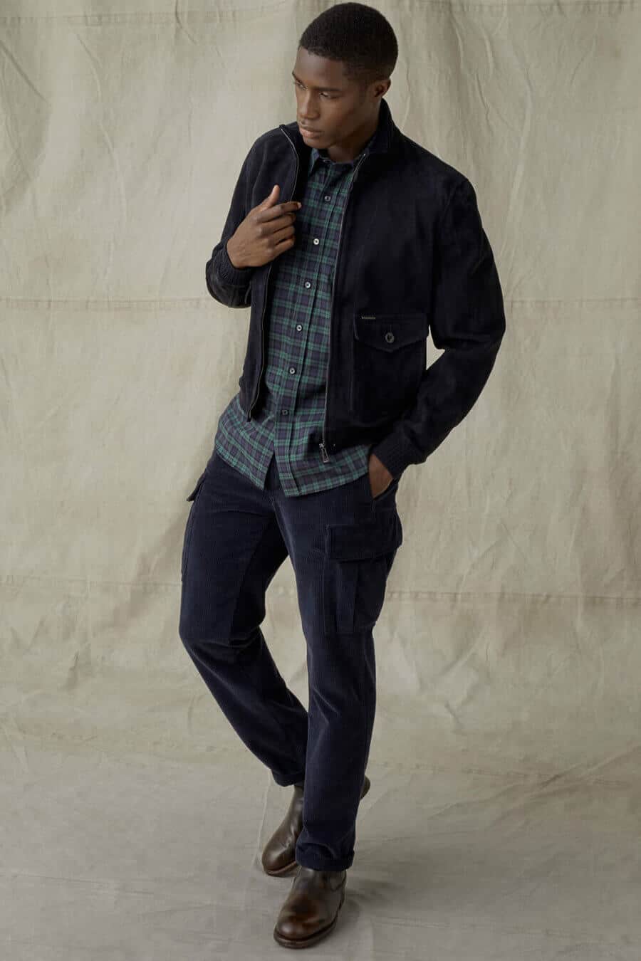 Men's flannel shirt outfit with cargo pants