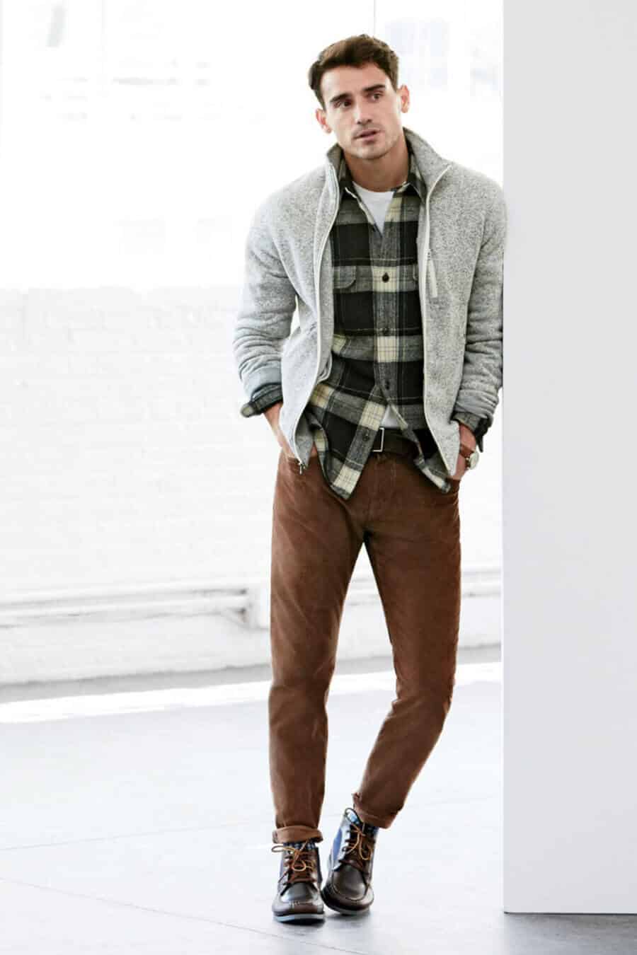 Men's outdoor inspired flannel shirt outfit with brown pants and moc toe boots