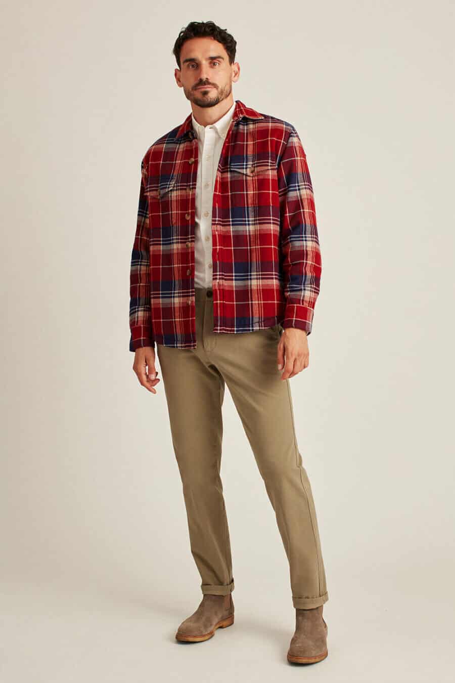 Men's lumberjack flannel shirt outfit with khaki pants and boots