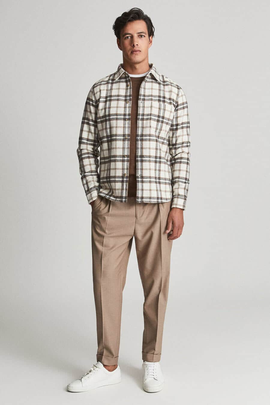 Men's smart casual flannel shirt outfit with khaki chinos and white sneakers