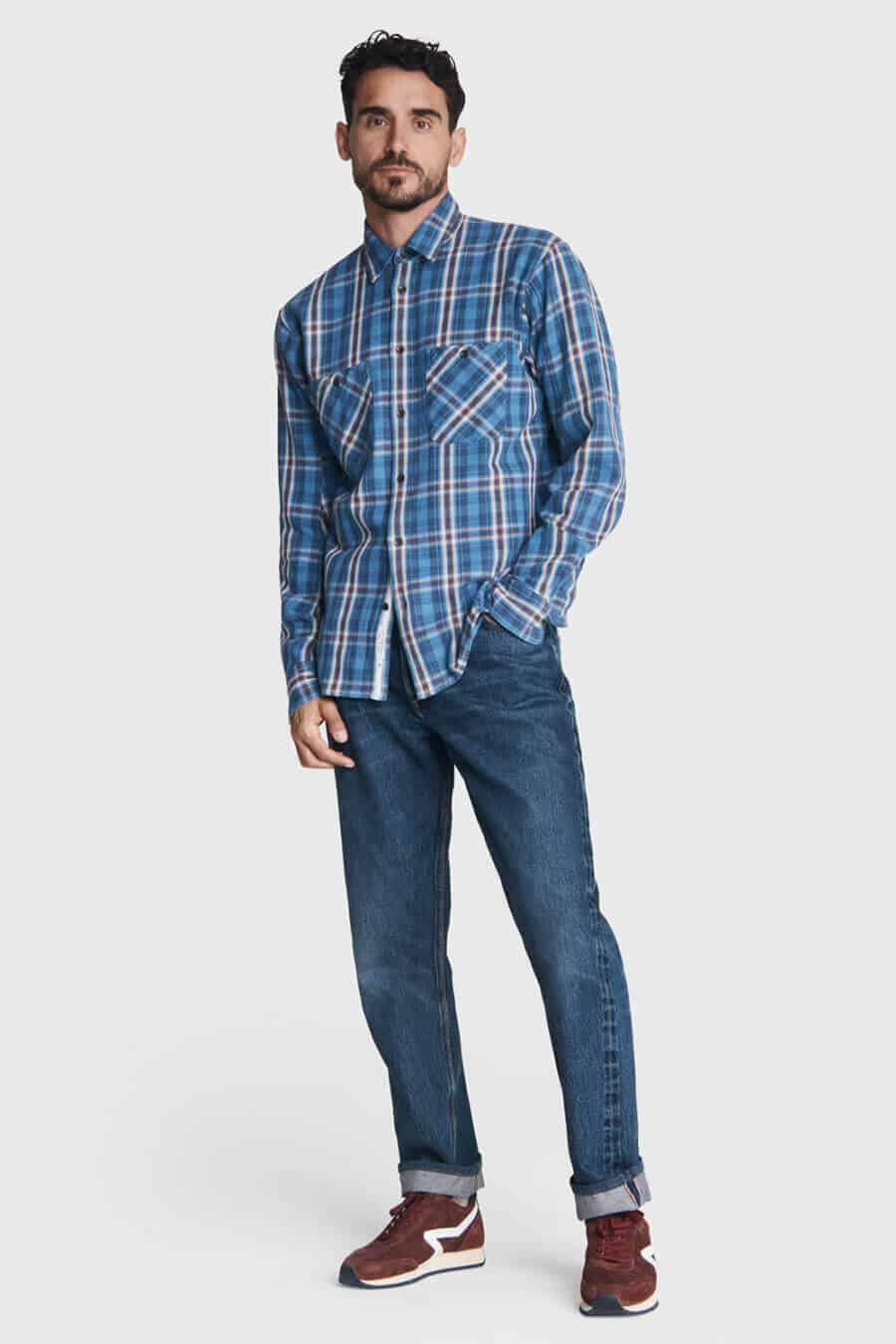 Men's tonal blue flannel shirt outfit