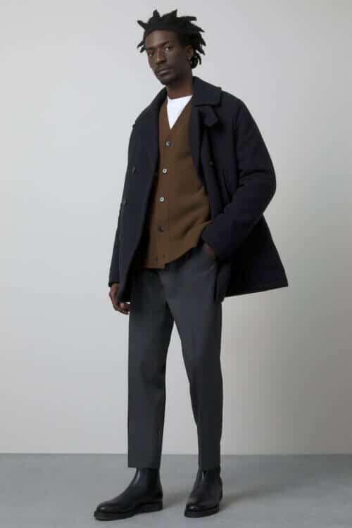 Men's French Style tailored trousers with overcoat and cardigan
