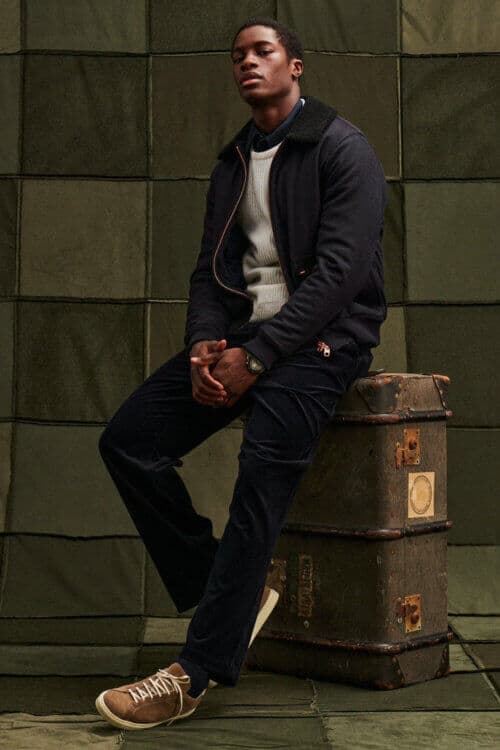 Men's military trend outfit with shearling flight jacket