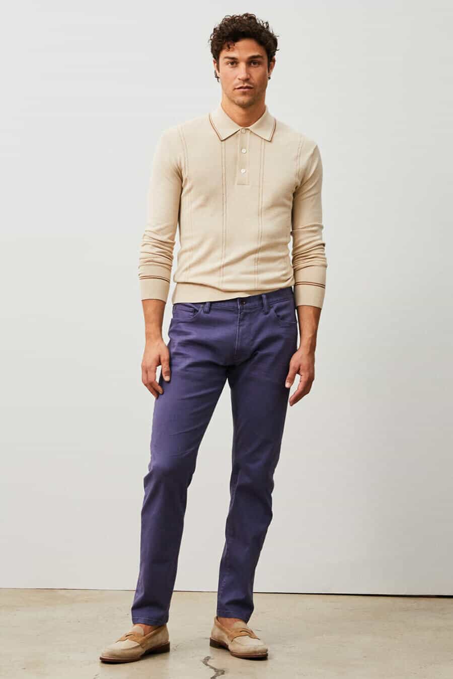 Men's long sleeve knitted polo shirt outfit with jeans and loafers