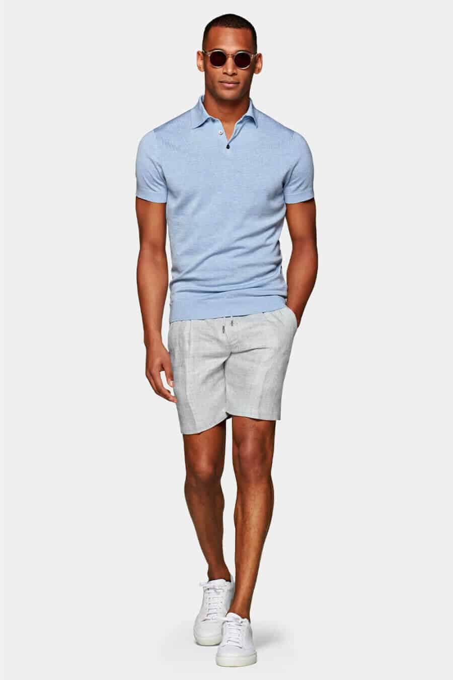 Men's smart polo shirt, tailored shorts and white sneakers summer outfit