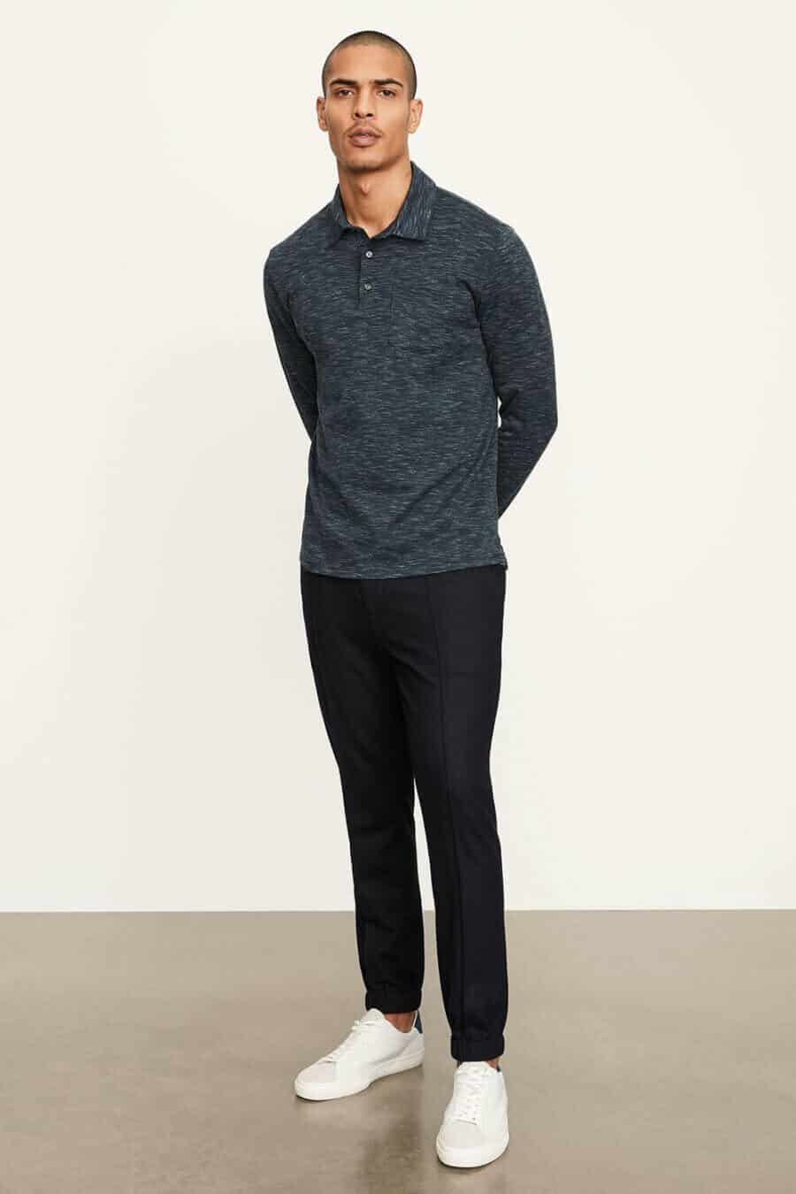 Men's long sleeve polo shirt, dark chinos and white sneakers outfit