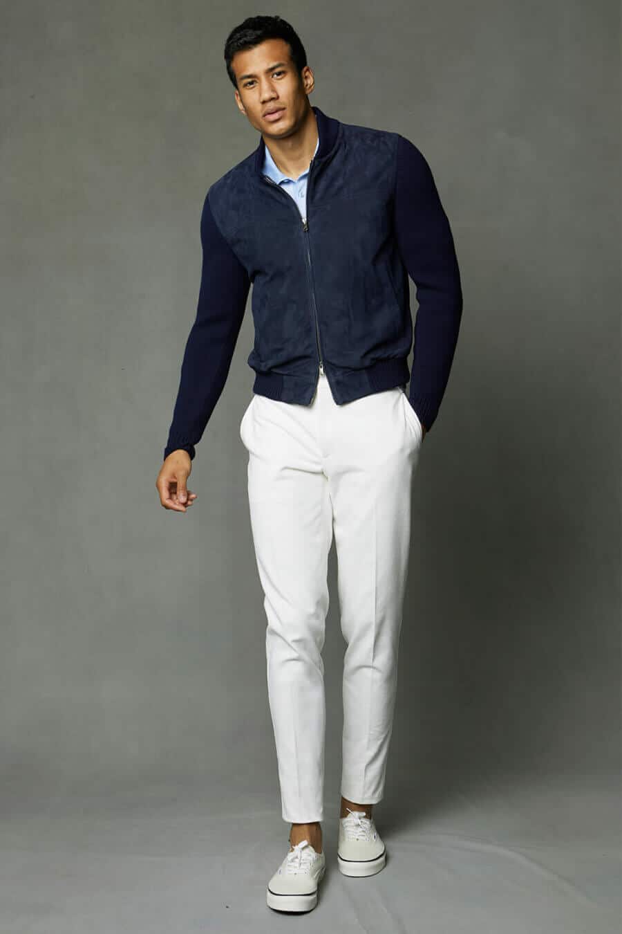 Men's spring outfit - white jeans, blue shirt, suede blue bomber jacket