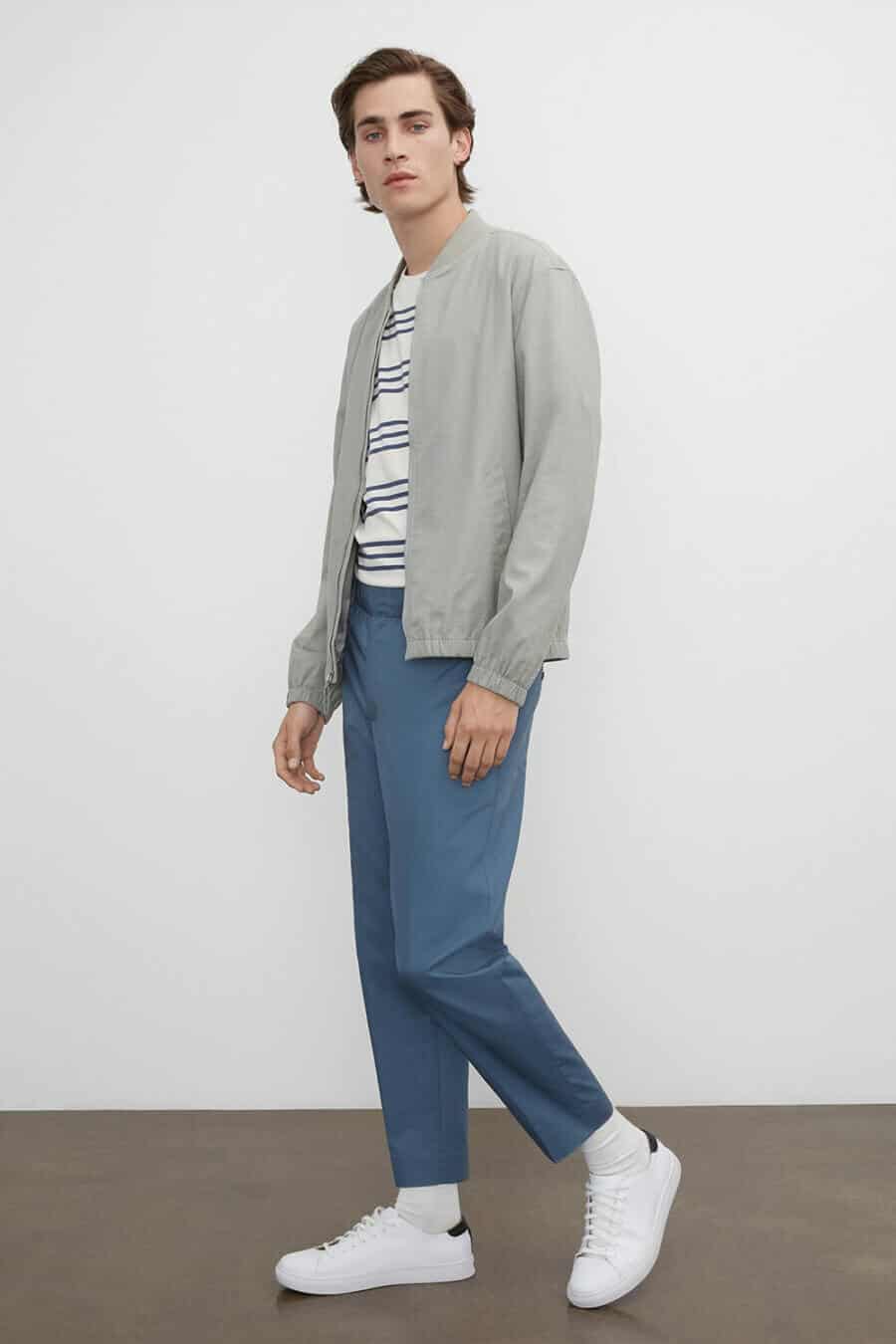 Men's transitional spring style outfit - striped t-shirt, bomber jacket and chinos