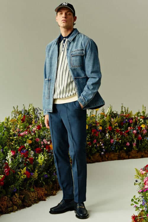 Men's preppy spring outfit - knitted polo shirt, denim overshirt, trousers and loafers