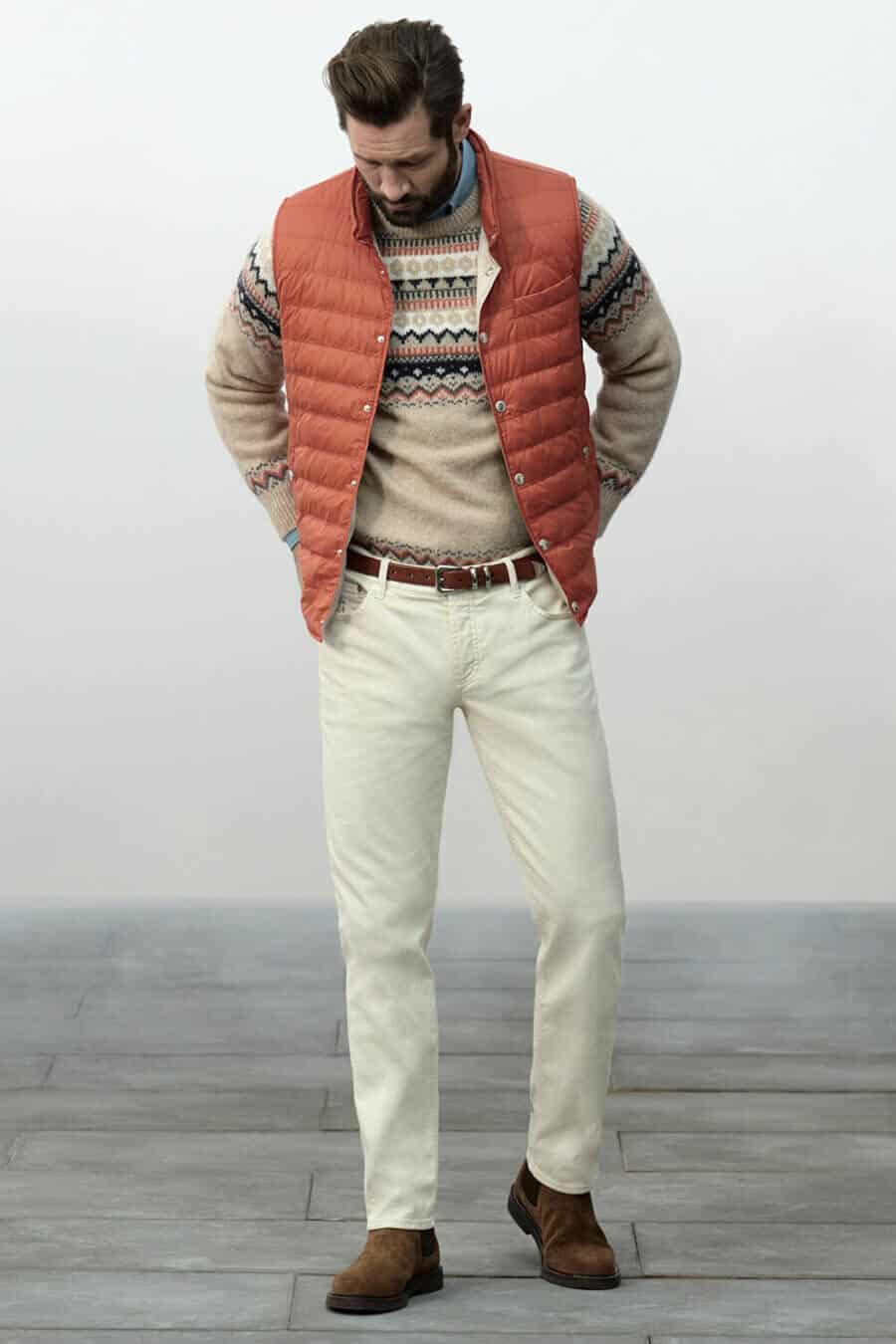 Men's winter white jeans, fair isle jumper and gilet outfit