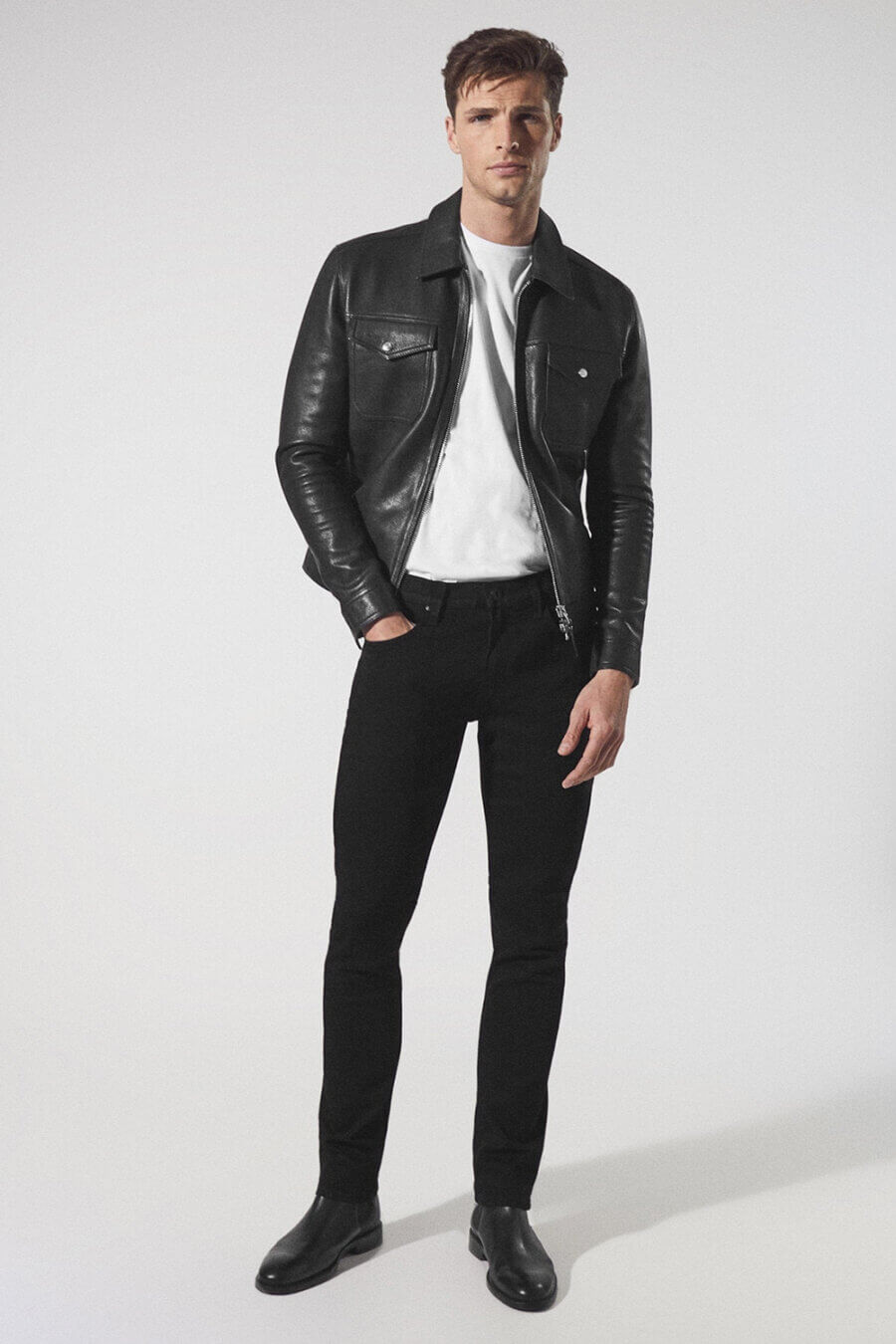 Men's rocker inspired black jeans, white T-shirt and black leather jacket outfit