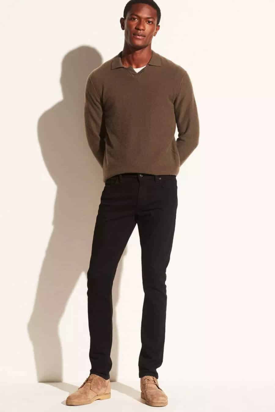 Men's black jeans and brown knitwear outfit