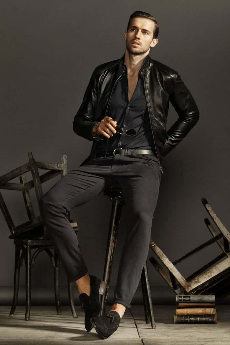 Men's black jeans, shirt, loafers and leather jacket outfit