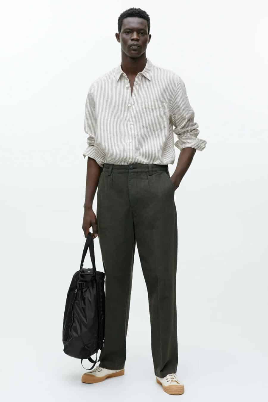 Men's linen shirt and trousers with sneakers business casual outfit