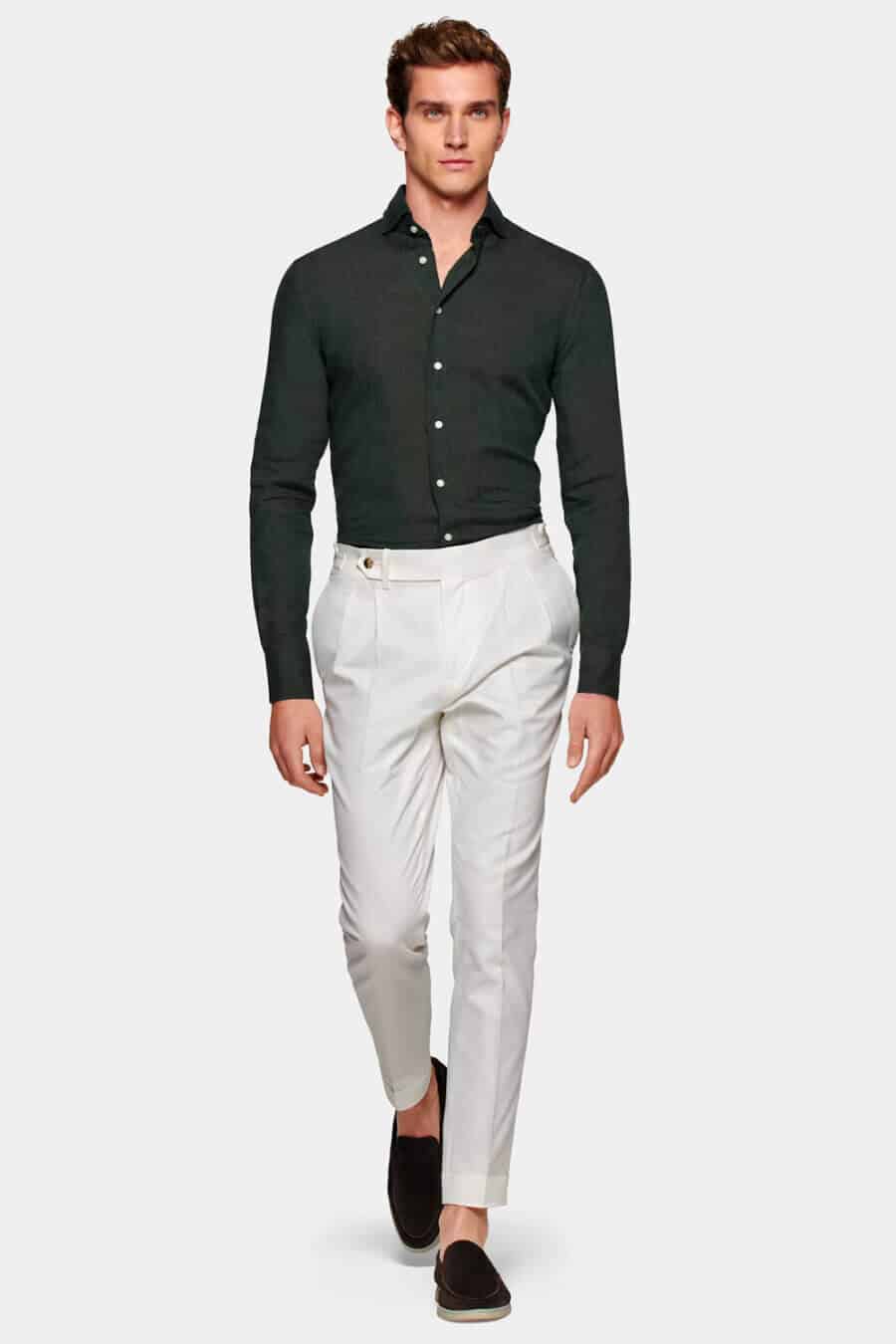 Men's smart linen shirt with trousers and loafers business casual outfit