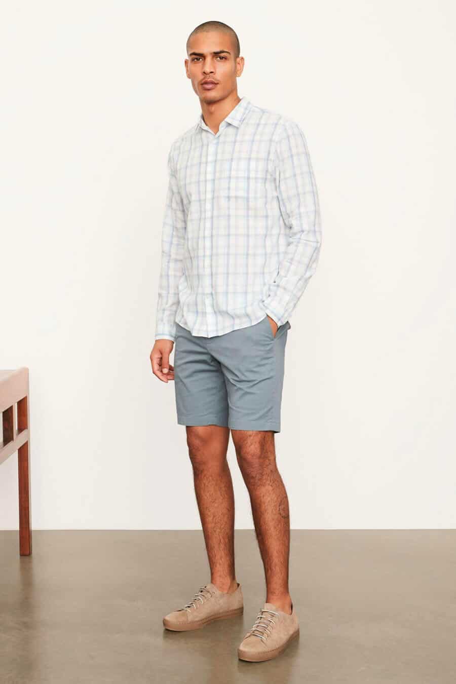 Men's checked linen shirt with shorts and sneakers outfit
